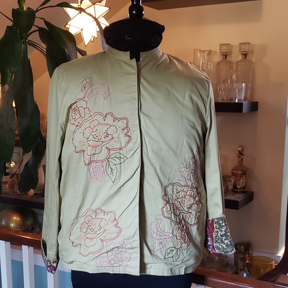 Ruby Rd. Womens Mandarin Collar Green Button Front Top